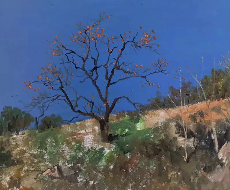村口坡上的柿子树  布面油画  50X60cm  2018年.jpg