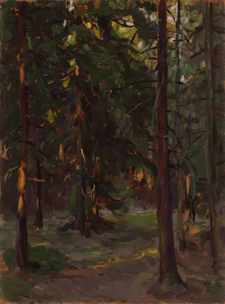 傍晚的森林 В лесу.Вечер 纸板油画 к.м 40cm×30cm 1950.jpg