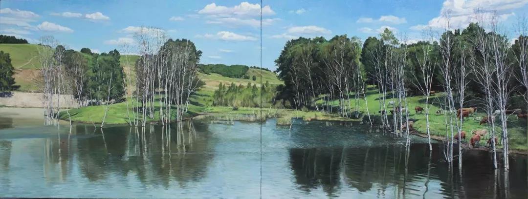 春天的湖水  布面油画  60X160cm  2018年.jpg
